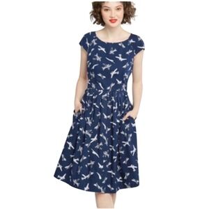 NWT Emily and Fin Claudia Airplane Print Dress 50s Retro Navy Blue XS
